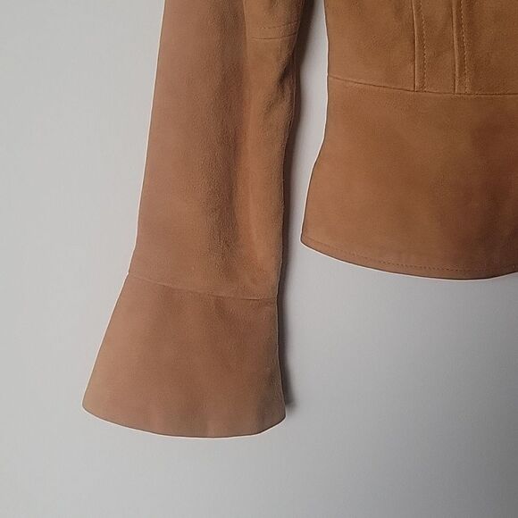 NEW INC Suede P 0 Leather Brown Tan Camel Ruffle Blazer Fitted Boho Jacket Bell - Picture 9 of 16